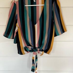 Striped V-Neck Tie-Front Blouse
